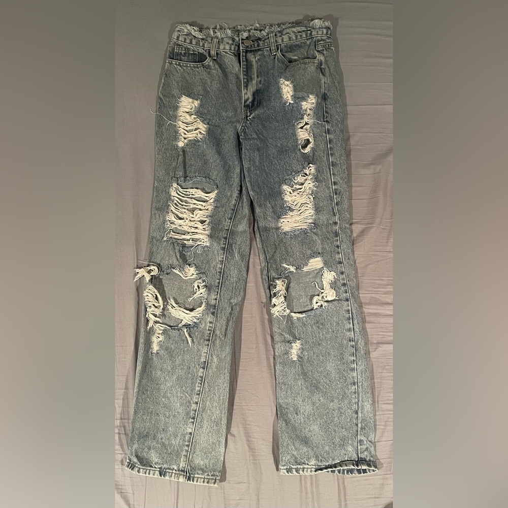 Size 6, High-waisted Blue Ripped Jeans from Boohoo